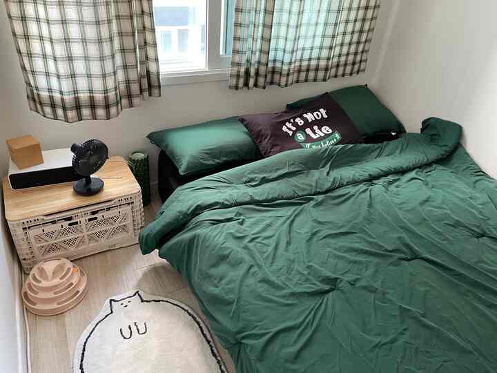 緑色の寝具とチェック柄のカーテンがある6畳の寝室、猫型ラグと簡易収納が配置された雰囲気のあるインテリア