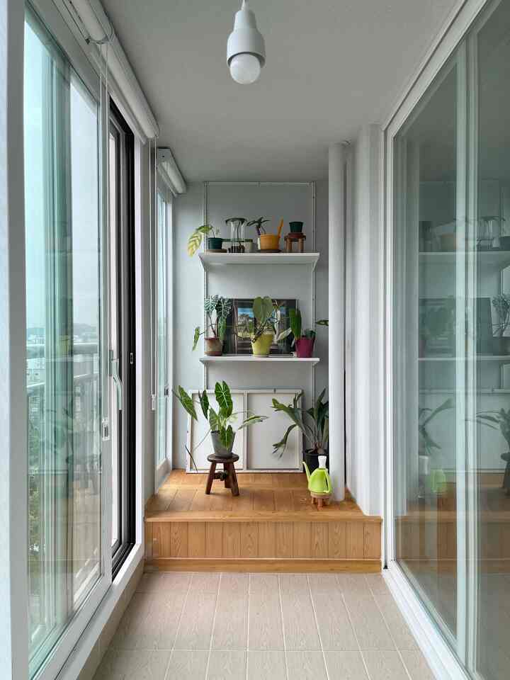 Bright veranda space featuring natural wood tone flooring, assorted plants, and a wooden stool for a relaxing atmosphere