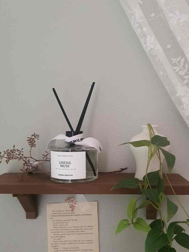 ナチュラルな木目調の無打ち付け棚にディフューザーと植物が配置された、清潔で温かみのある壁飾りのインテリア