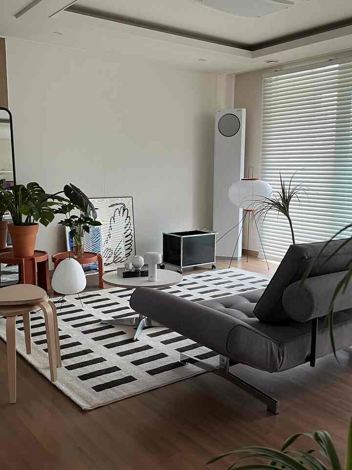 Bright white and brown wood tone living room featuring a modern sofa bed, coffee table, and lush plants creating a clean and cozy atmosphere