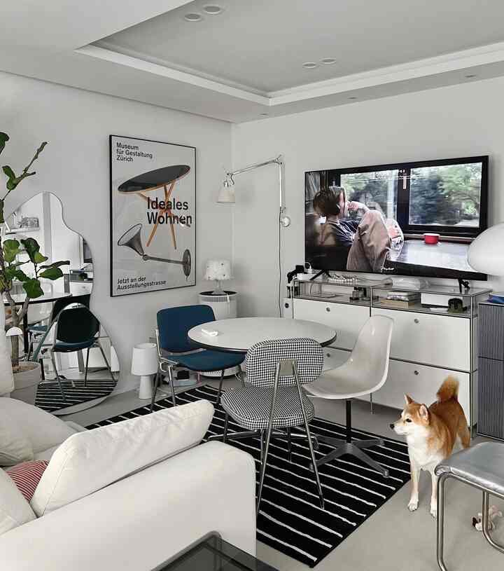 白と黒のトーンで統一されたモダンなリビング、円形のダイニングテーブルと多様な椅子が配置され、犬がいる雰囲気のあるインテリア