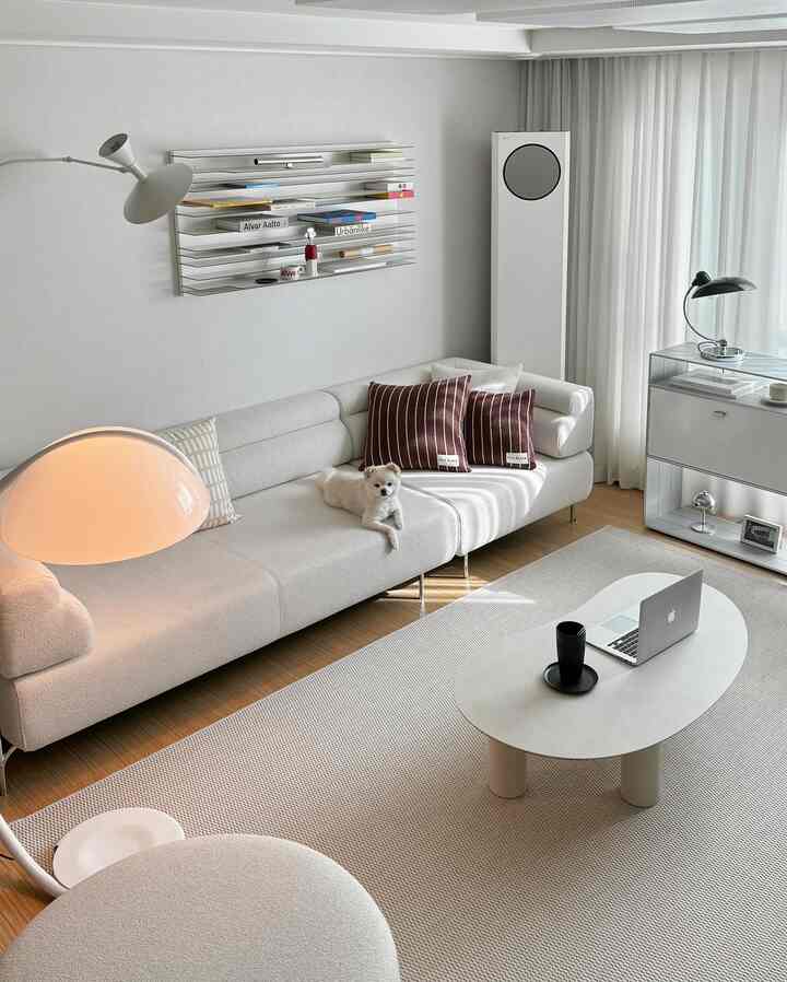 White-toned living room with modern sofa, rug, wall lighting, and a pet dog creating a cozy atmosphere