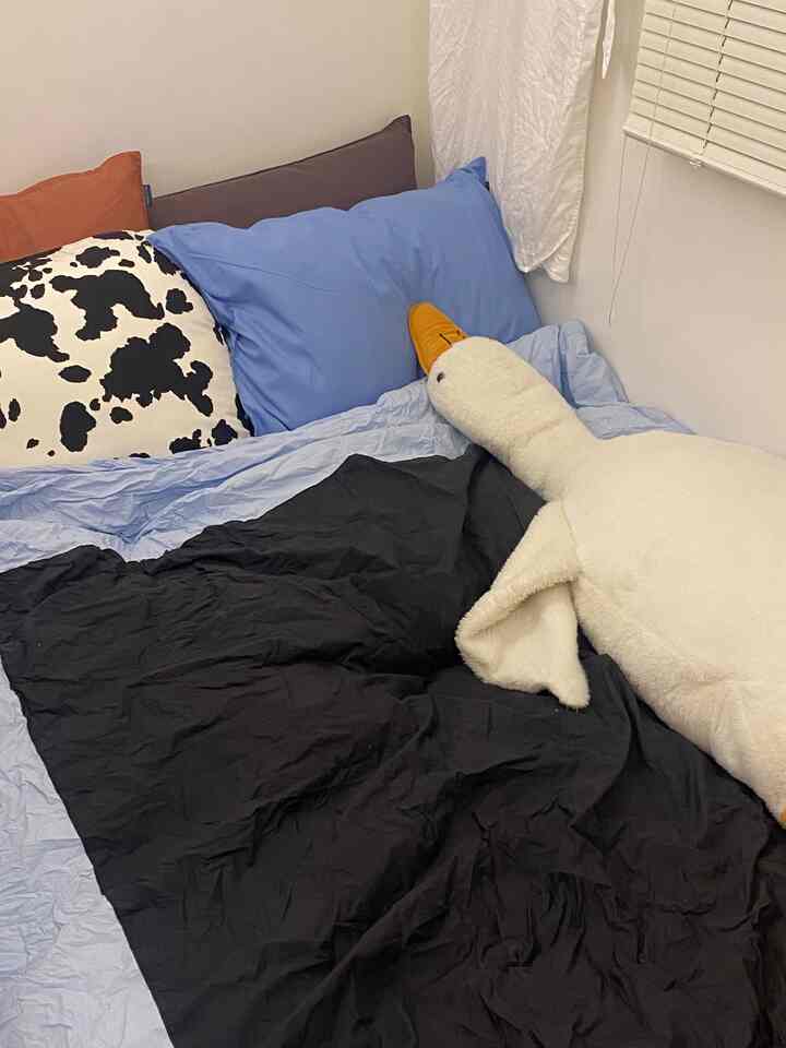 ブラックとブルーの色調が調和した寝室、さまざまな枕とクッションが配置された印象的な空間