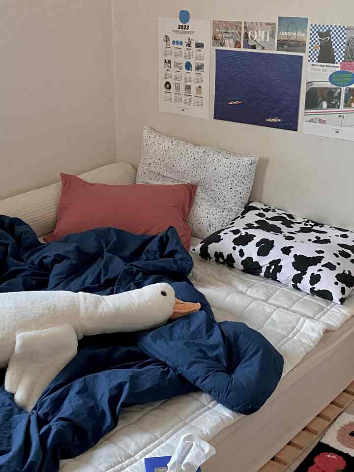 Cozy bedroom with navy duvet cover and assorted pillows, posters decorating the wall for a warm atmosphere