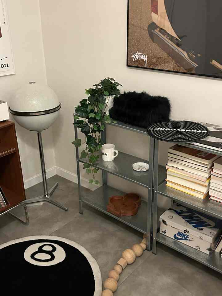 白と黒のトーンが特徴的な狭い部屋、金属製の棚と緑のアイビー植物が配置されたモダンで清潔感のあるインテリア