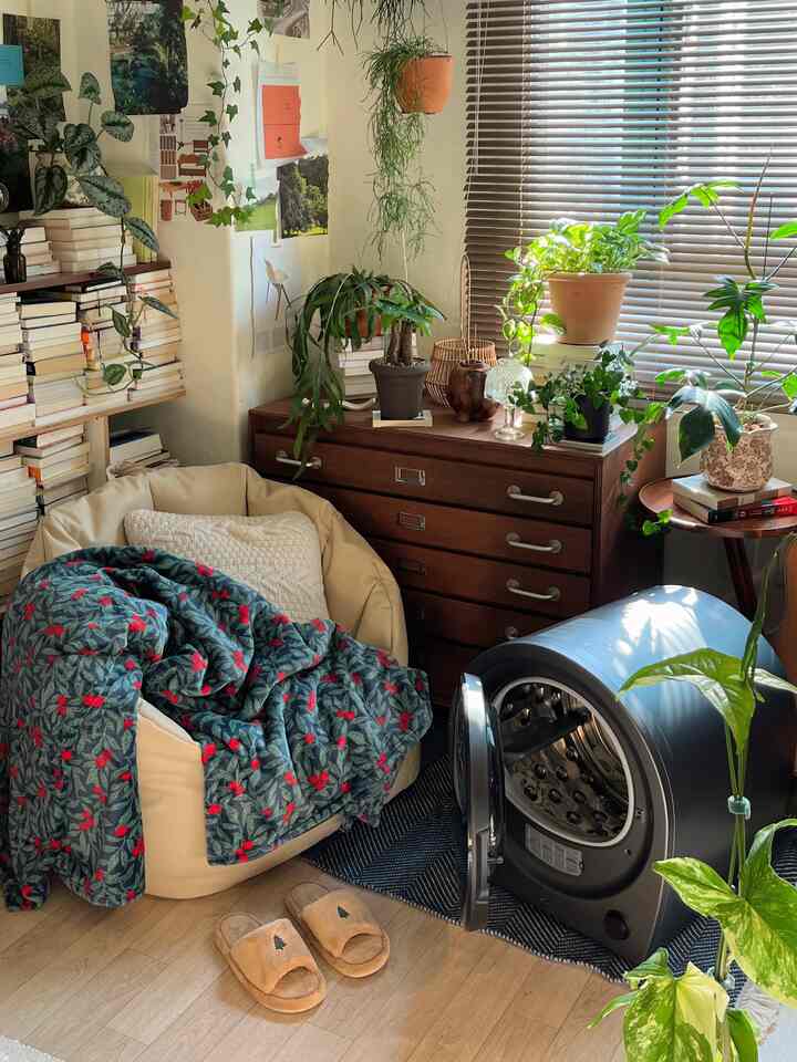 暖かいベージュ色調と緑の植物が調和するコンパクトな部屋、ビーンバッグソファとミニ乾燥機、木製の引き出しが配置された心地よいインテリア