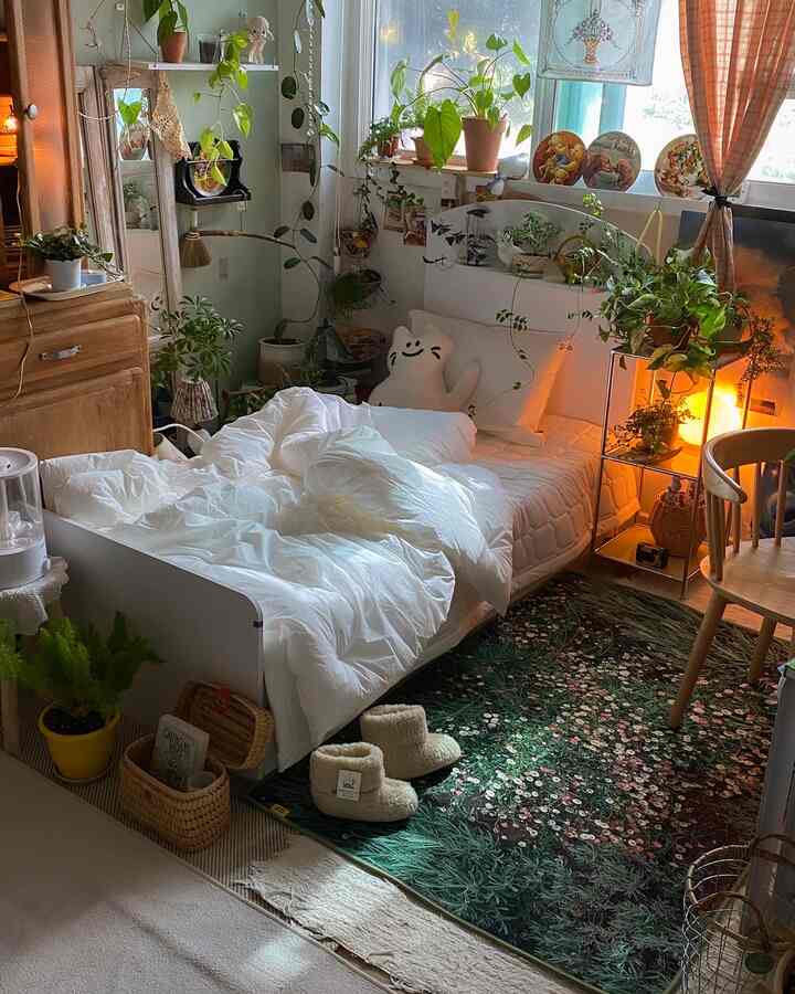 白と緑のトーンのワンルーム寝室、プランテリアと居心地の良い寝具が配された雰囲気のあるインテリア