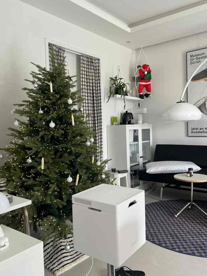 ホワイトとネイビートーンのリビング、クリスマスツリーとソファ、コーヒーテーブルが配置された落ち着いた雰囲気のインテリア