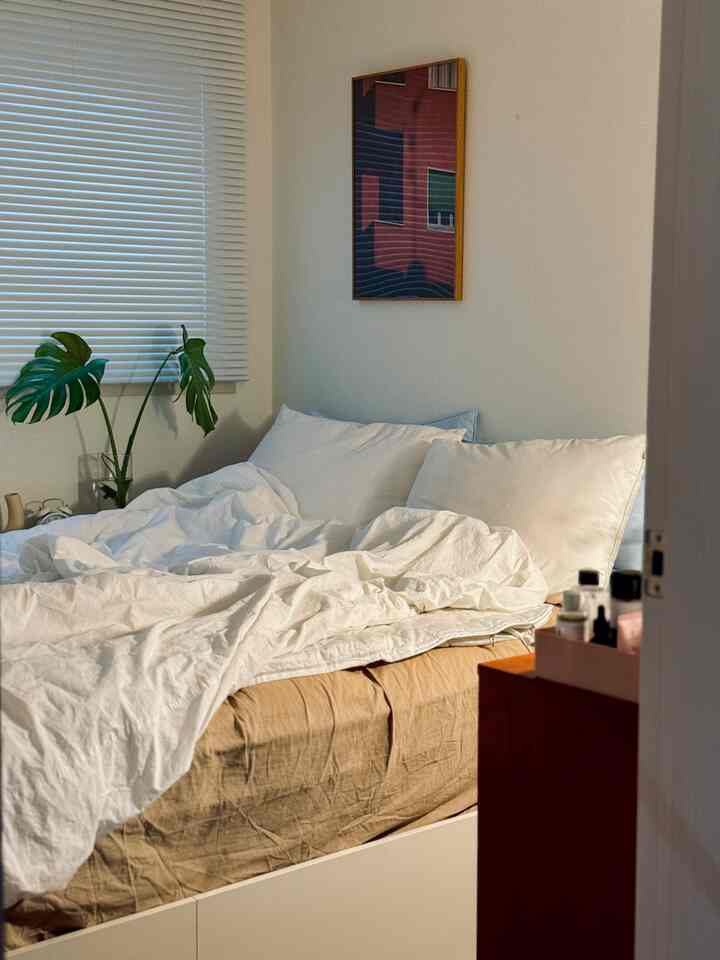 A white and beige bedroom featuring a neatly made bed, wooden dresser, and framed artwork creating a cozy natural atmosphere