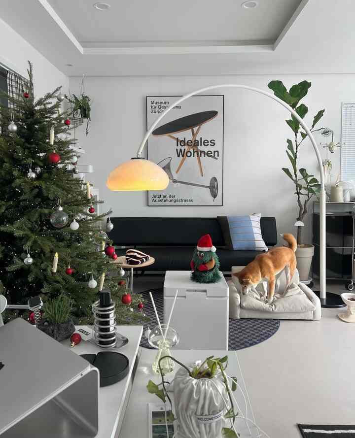 白い壁と黒いソファ、クリスマスツリーとペットベッドが配置された雰囲気のあるリビング