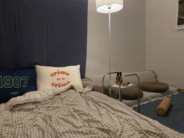 ベージュとネイビーの色調のワンルーム、リリーフロアソファと枕が配置された印象的な空間