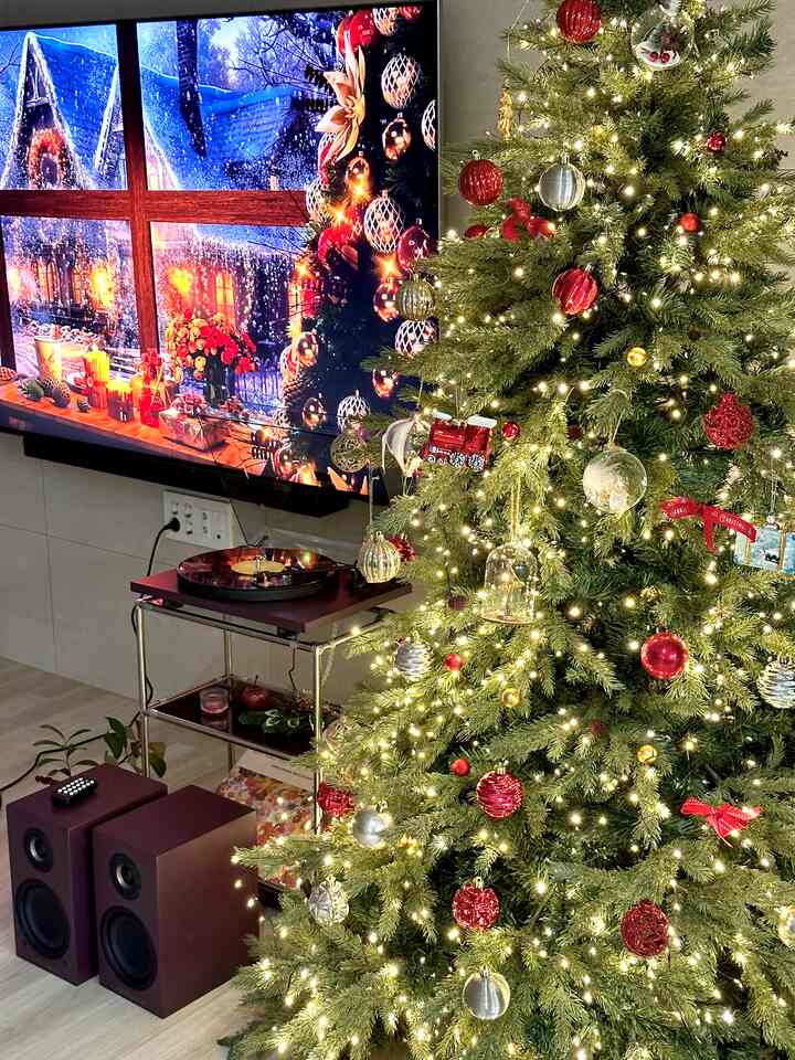 赤とゴールドのトーンのリビング、クリスマスツリーとターンテーブル、スピーカーが温かみのある雰囲気を醸し出すインテリア