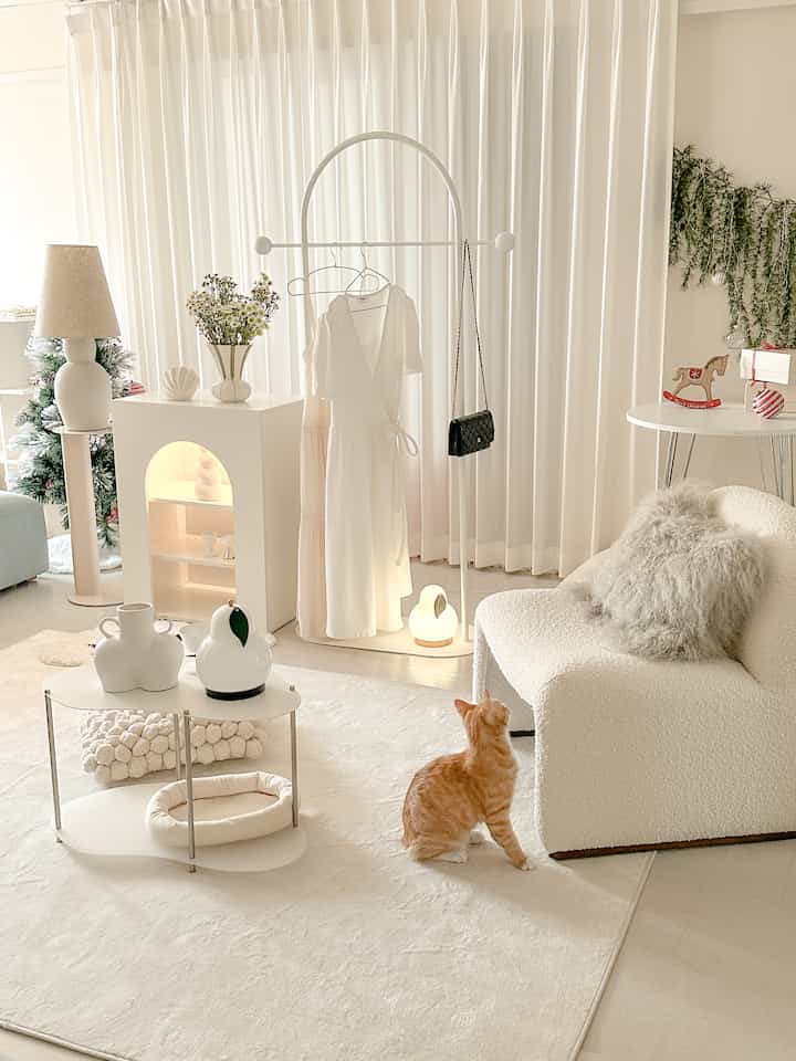 Bright white-toned living room featuring a cozy armchair, a pet cat, side table, and a large rug creating warm atmosphere