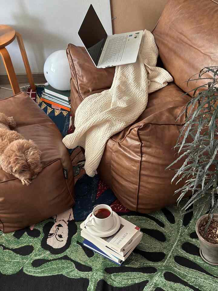 ブラウンとベージュの色調のワンルーム小さなリビング、ビーズクッションソファとラグ、植物が配置された居心地の良いインテリア