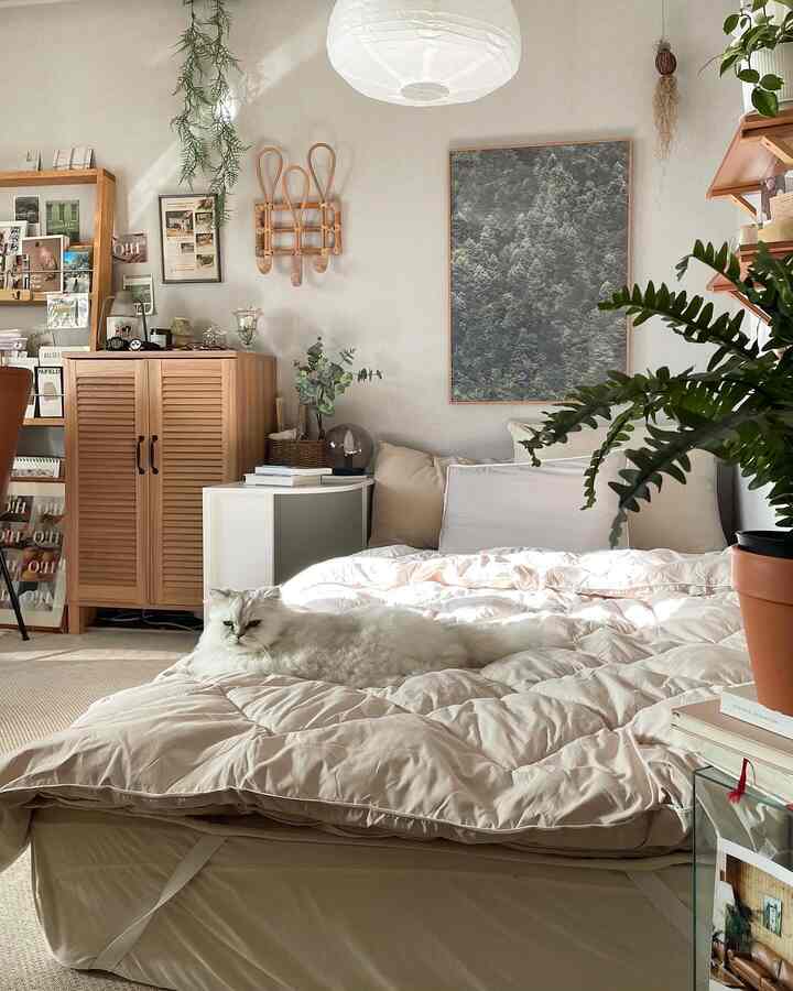 Natural and wood tone bedroom featuring beige bedding with a white cat resting and various plants arranged for cozy atmosphere