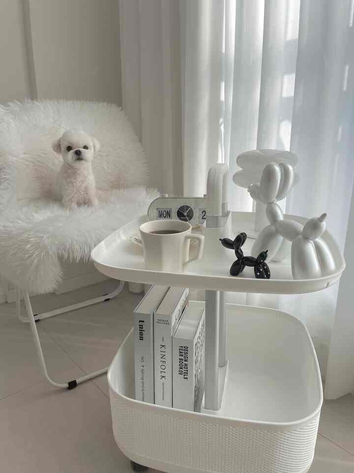 White and beige toned space featuring a trolley table, furry sofa, a dog, and balloon-shaped objets in a simple modern interior