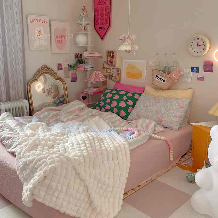 ピンクとホワイトの色調の寝室、かわいらしい壁の装飾と居心地の良い寝具が配置された雰囲気のある空間