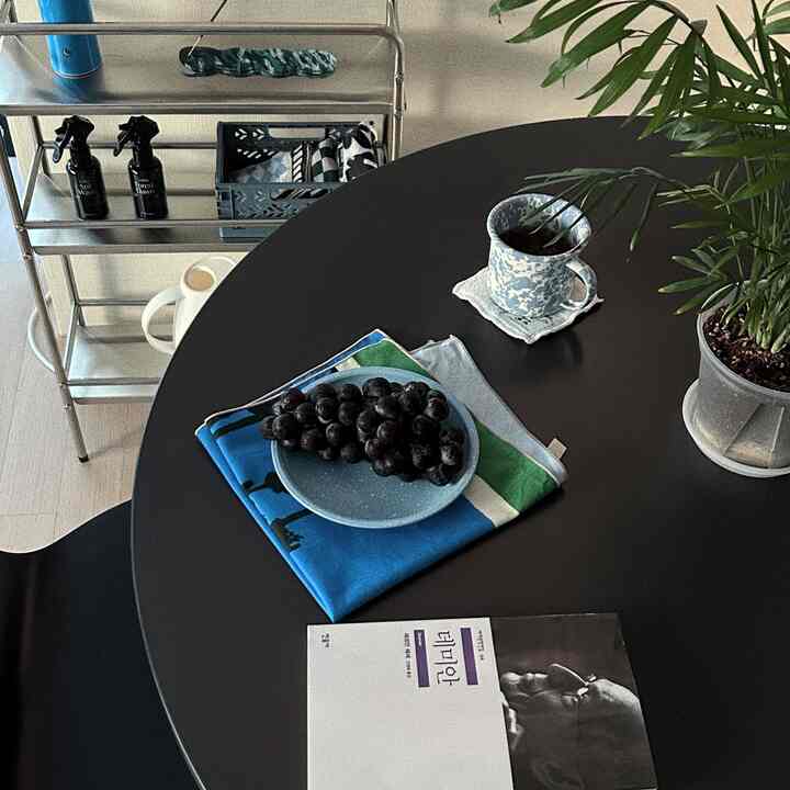 黒の円形ダイニングテーブルに植物、カップ、ぶどう、書籍が置かれたミニマルなワンルーム空間