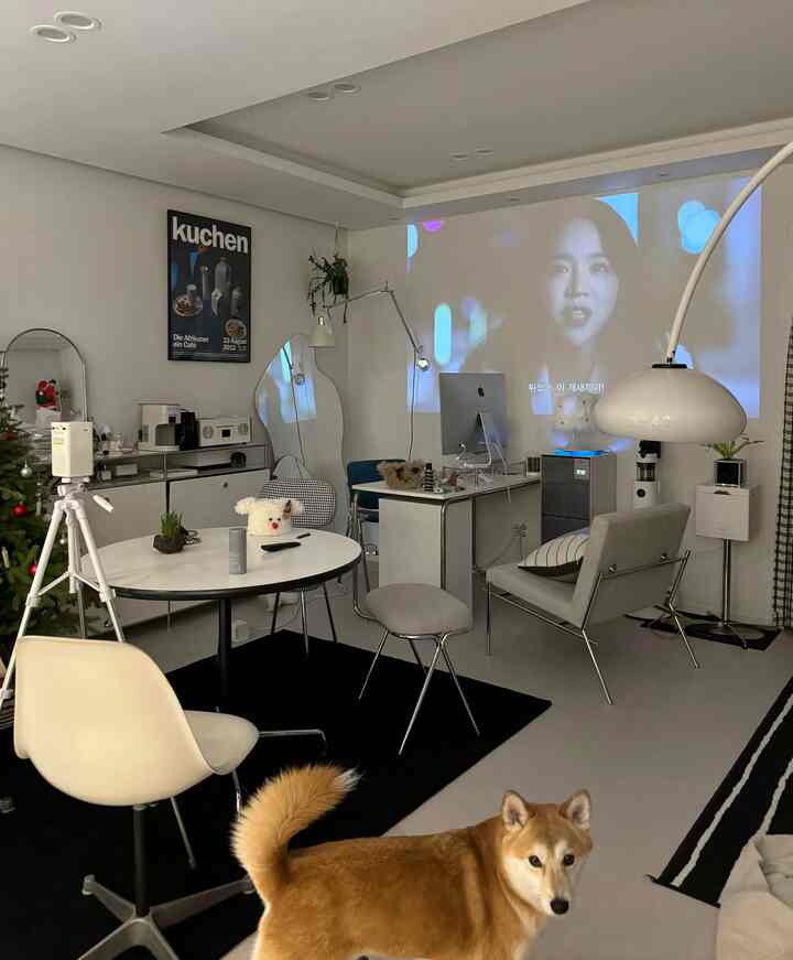 白を基調としたリビング、モダンな家具とプロジェクターが配置された在宅勤務とホームシネマの空間、犬と暮らす快適な雰囲気のインテリア