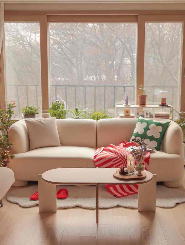 Natural toned beige living room featuring ivory fabric sofa and white coffee table centrally placed, with plants by large windows creating a cozy atmosphere