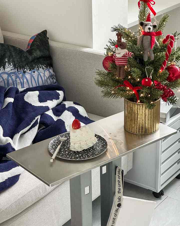 ネイビーとホワイトのトーンのベランダスペース、ソファとゴールドの鉢植え、クリスマス飾りが配置された雰囲気のあるインテリア