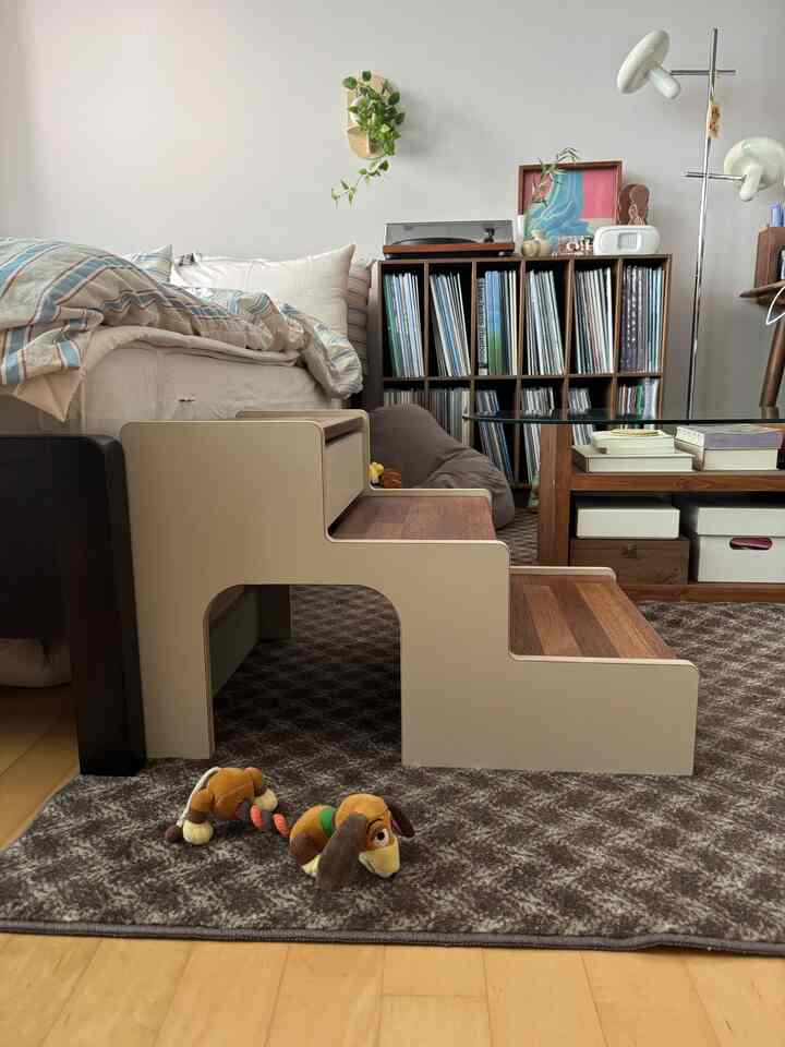 Natural and cozy bedroom space in beige and wood tones featuring pet stairs, bookshelf, and a large patterned rug