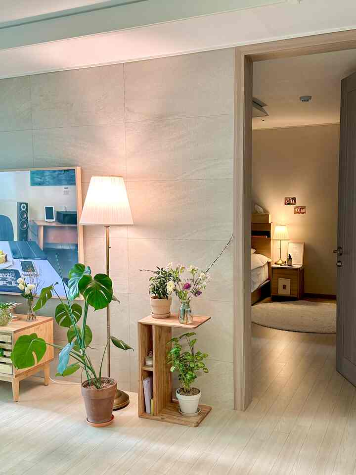 Natural toned living room connected to bedroom space, featuring wood tone furniture and plants creating a cozy interior