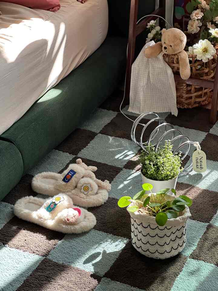 Beige and deep green toned bedroom featuring checkered rug and plush toys with a cozy atmosphere