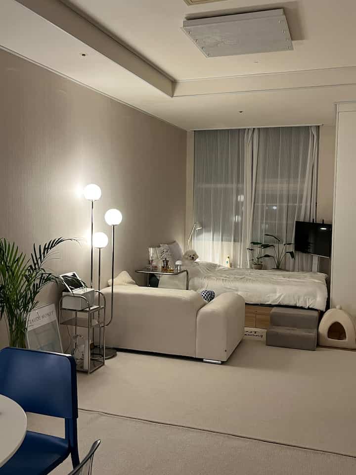 White and beige toned studio bedroom featuring sofa, bed, and pet stairs with house in a cozy space