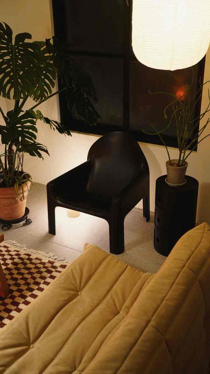 Natural-toned living room featuring a beige sofa, black armchair, plants, and warm ambient lighting
