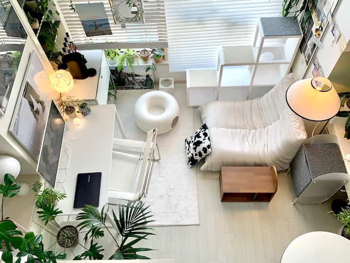 A white and wood-toned studio apartment bedroom featuring cat towers and plants creating a cozy interior
