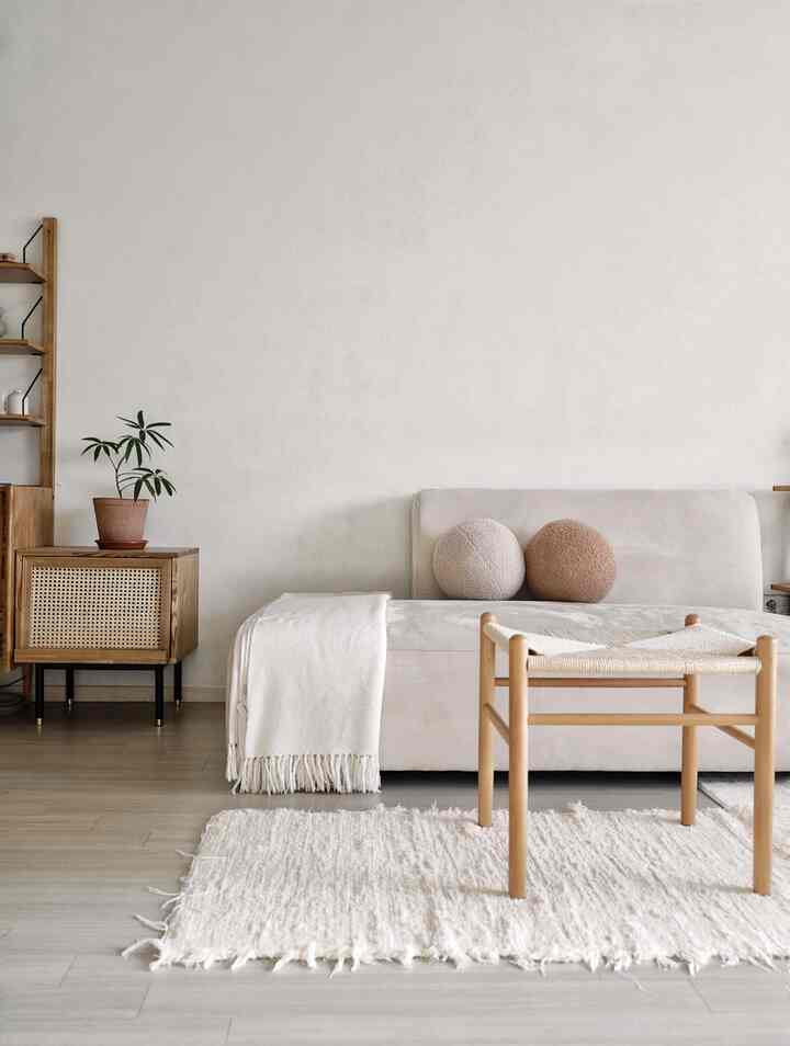 Natural-toned living room featuring beige fabric sofa, wood stool, and rattan side table with a cozy, simple atmosphere