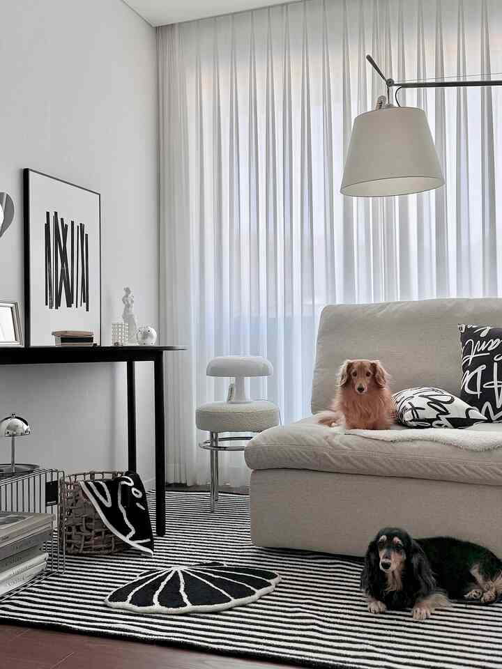 A modern living room in white and black tones featuring a beige sofa, striped rug, and two dogs creating a cozy atmosphere