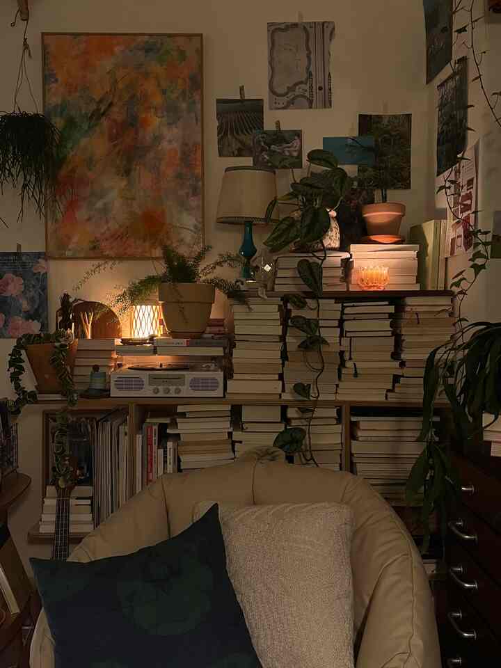 Warm natural-toned study space featuring beige bean bag, bookshelves, and various plants creating a cozy atmosphere