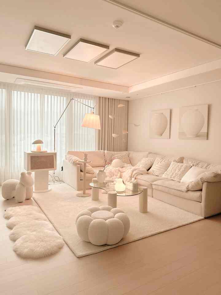 温かみのあるナチュラルカラーとホワイトのリビング、大きなコーナーソファやラグ、フロアランプが配置された雰囲気のあるインテリア