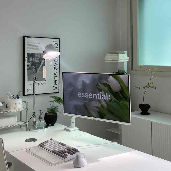 White and gray toned home office featuring a desk, monitor, plants, and simple modern lighting in a study space