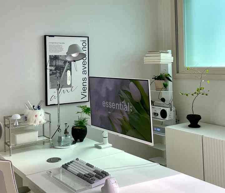 Clean white-toned study featuring a white desk, monitor, bookshelf, and green plants in a modern and organized home office space