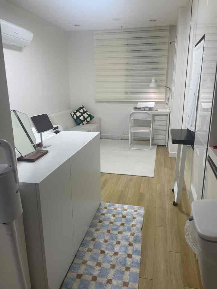 ホワイトとウッドトーンの6坪ワンルーム、ホームオフィスとソファが配置された自然でモダンなインテリア