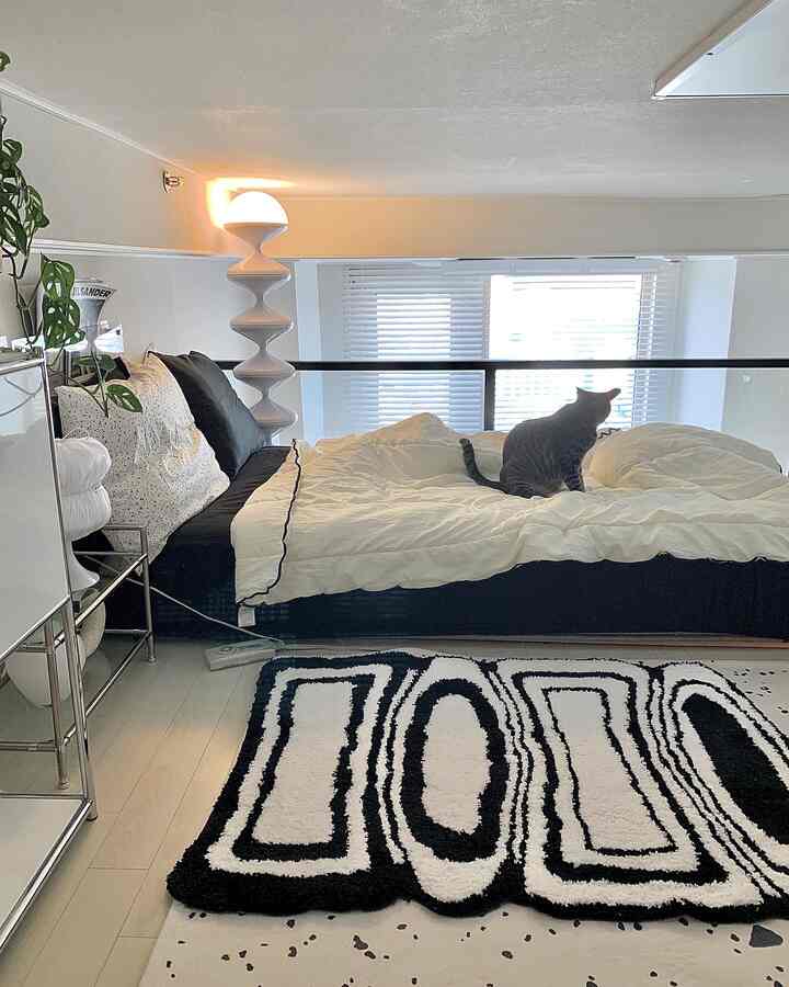 Simple bedroom in white and black tones featuring a centrally placed black bed with a cat and a uniquely designed floor lamp