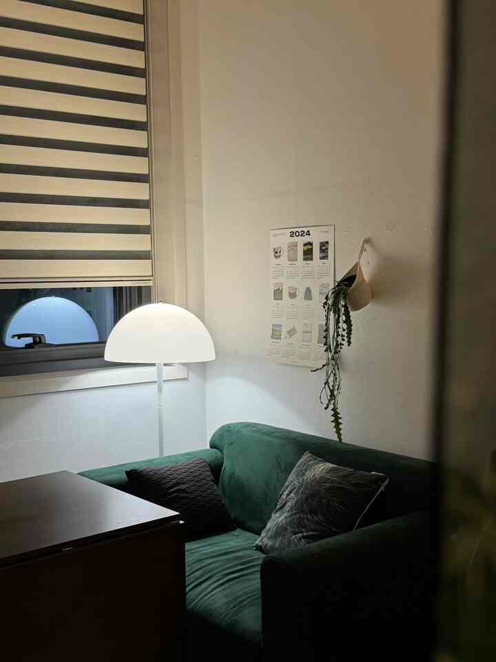 白と深緑のトーンの小さな二人暮らし向けリビング、緑のソファと白いフロアランプ、壁に掛けられたカレンダーとハンギングプラントが配置された印象的な空間