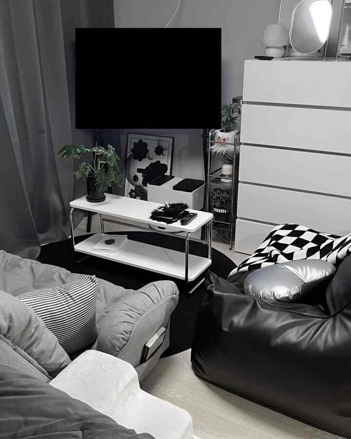 グレーとブラックのトーンのワンルームリビング、ソファベッドとビーンバッグチェアが配置されたモダンでミニマルな空間