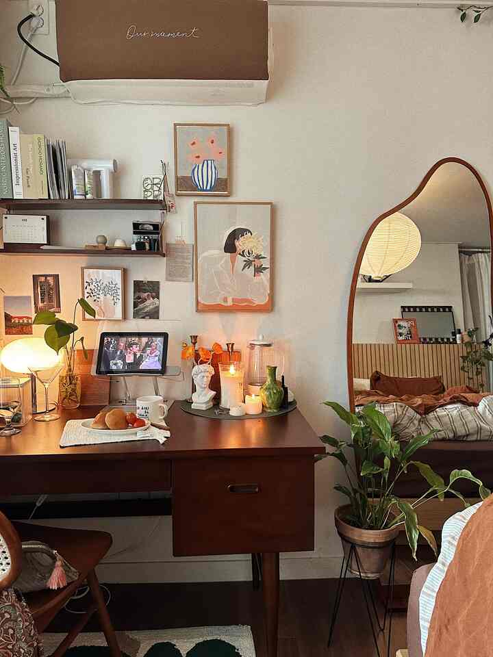 Natural mood home office with brown wood-toned furniture and plants arranged inside