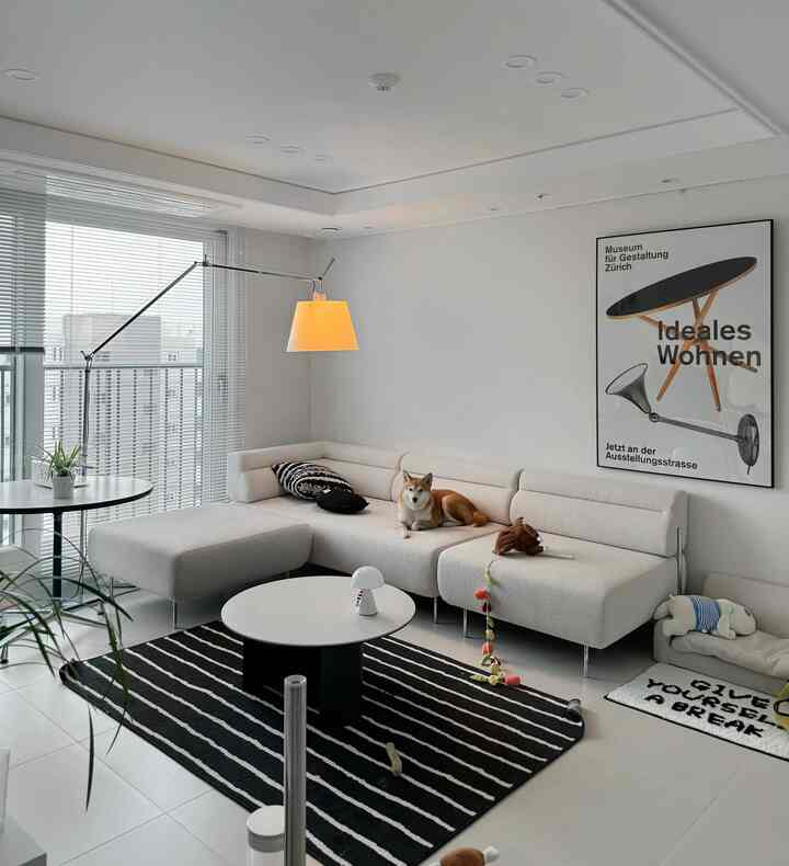 明るくすっきりとした白を基調としたリビング、中央にセクショナルソファと黒のストライプラグがあり、犬がソファにくつろいでいる