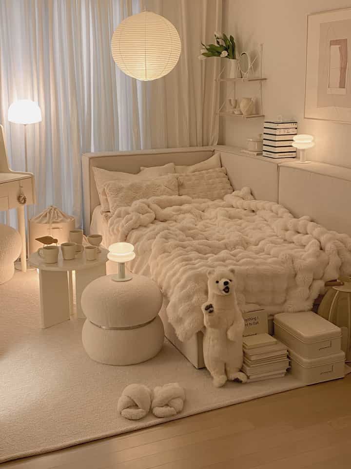 Beige and white tone bedroom featuring soft blanket and polar bear doll, creating a cozy and warm atmosphere
