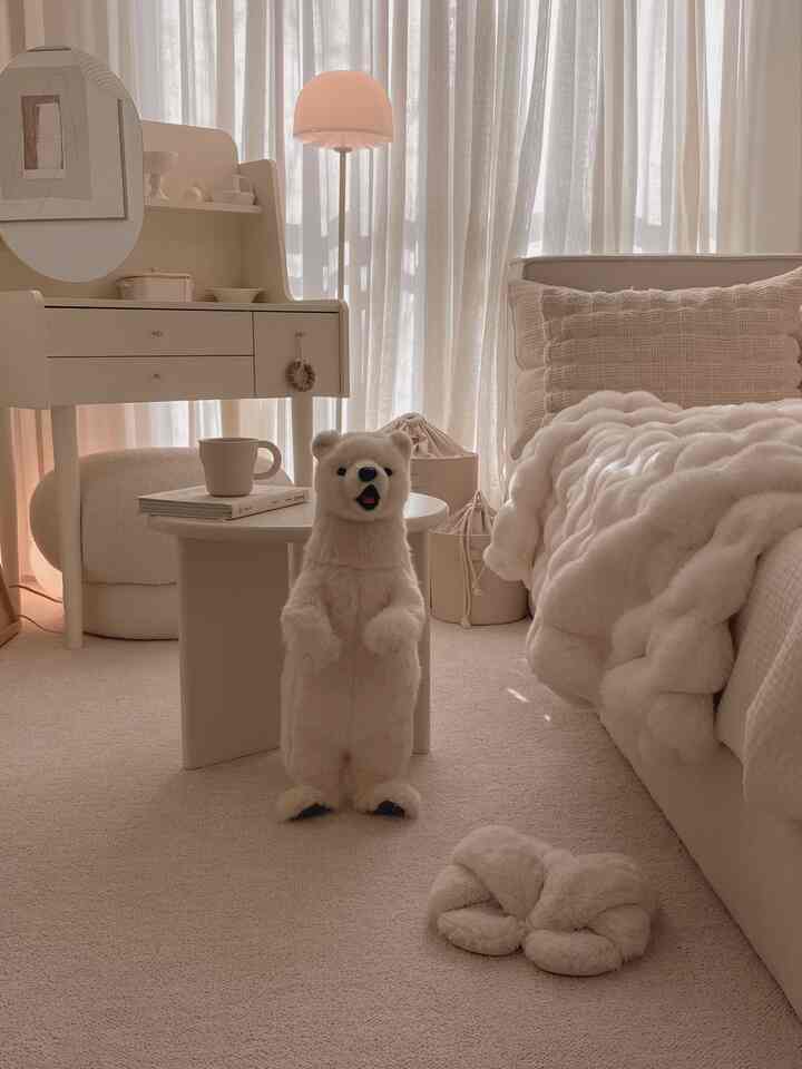 A soft beige and ivory toned bedroom featuring a bed with bedding, a nightstand, and a polar bear plush, creating a cozy atmosphere