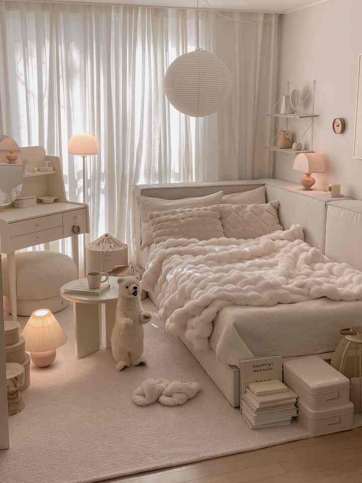 Beige and cream toned bedroom featuring a cozy bed with cushions and blanket, large rug, creating a natural and warm atmosphere