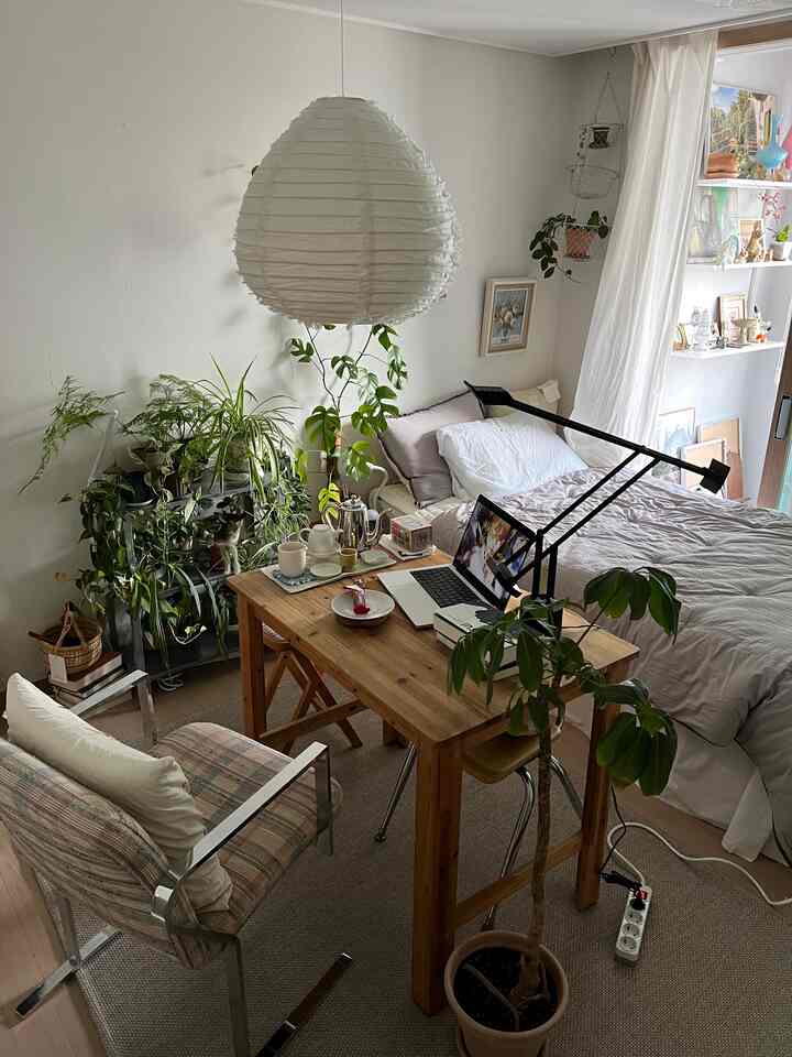 Natural-toned bedroom and home office featuring wooden desk and abundant greenery, creating a cozy atmosphere