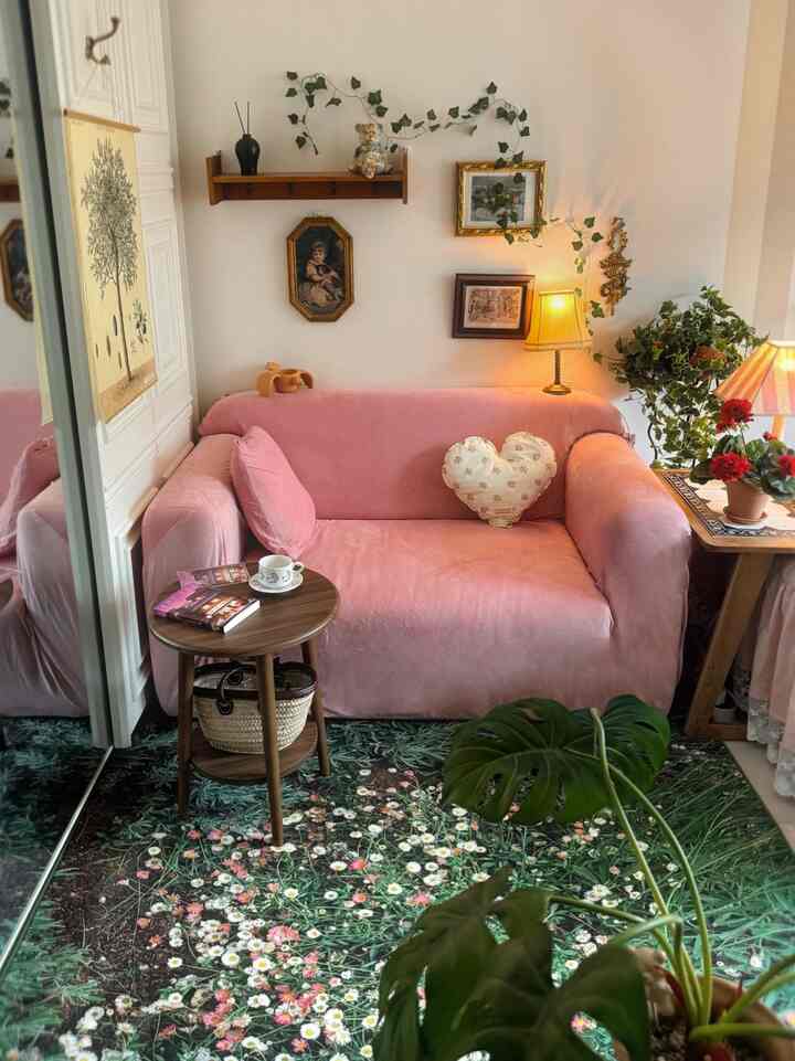 ピンクのソファと花柄のラグ、ヴィンテージ風の額縁と暖かい照明が配置された自然な雰囲気のリビング