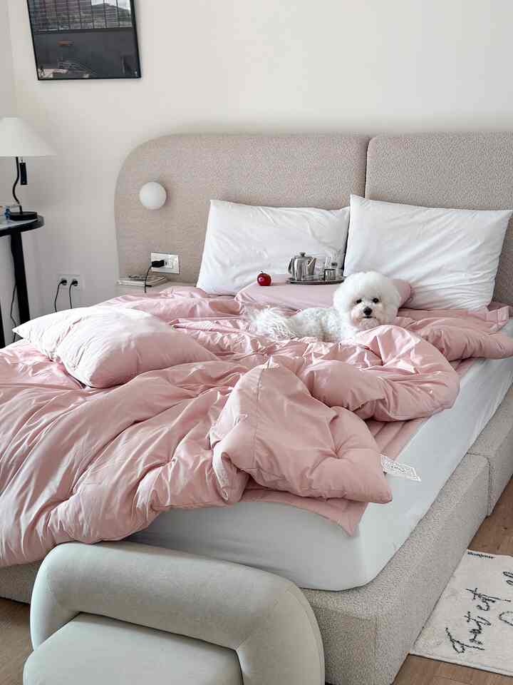 ピンクの寝具が置かれたナチュラルトーンの寝室、中央のベッドに犬がくつろいでいる印象的な空間