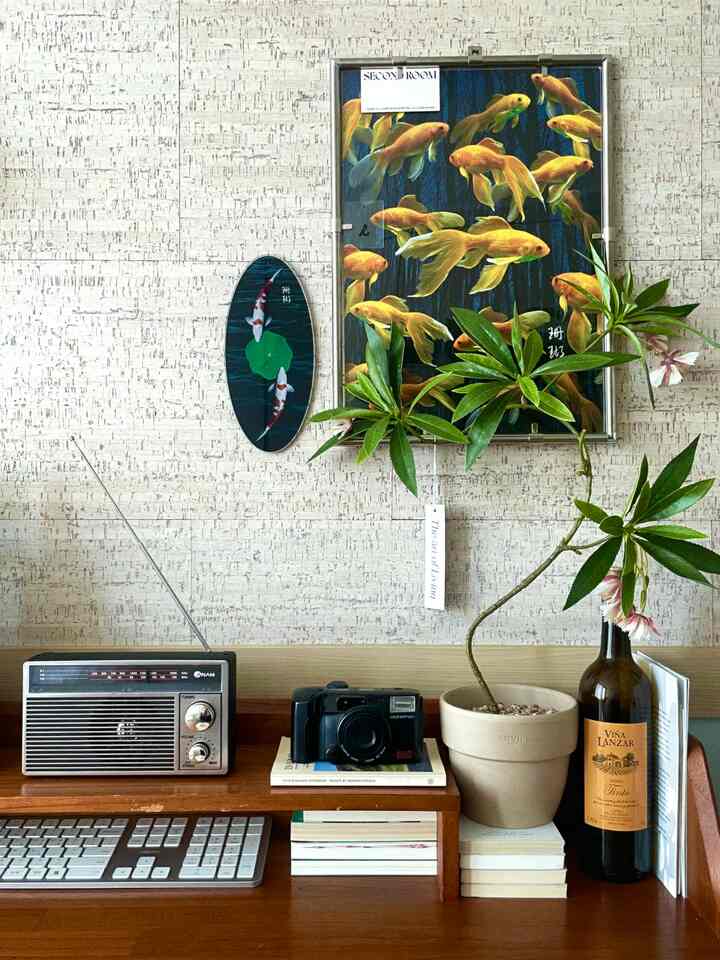 Brown-toned desk featuring vintage radio, camera, and plant creating a retro desk decor space